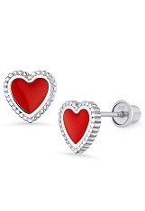 fine silver enamel red heart screw back baby earrings